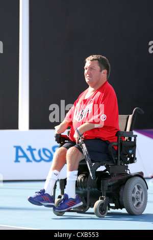 Nicholas Taylor of the USA in the Quad doubles tennis at Eton Manor, Olympic park in the London 2012 Paralympic games Stock Photo