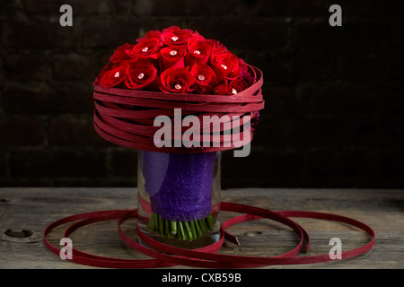 Red Rose and Purple Chrysanthemum Flower Arrangement Stock Photo