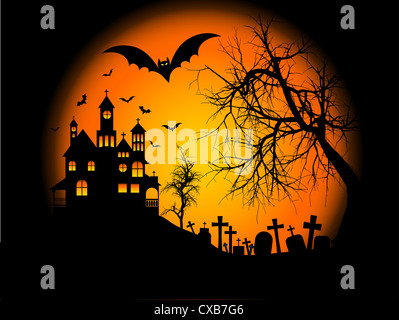 Spooky Halloween background with haunted house on a hill Stock Photo