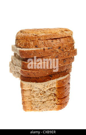 Stack of seeded wholemeal bread isolated against white Stock Photo