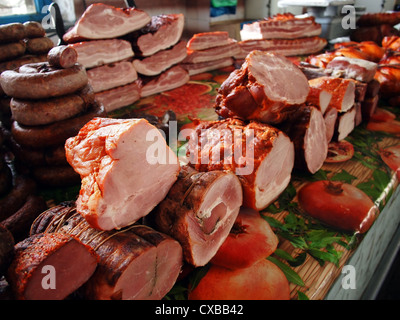 sausage in meat pavilion of market Stock Photo