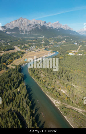 Aerial of Canmore, Alberta, town on the edge of the Canadian Rockies ...