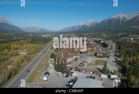 Aerial of Canmore, Alberta, town on the edge of the Canadian Rockies Stock Photo