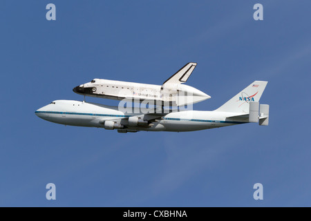 Space Shuttle Endeavour rides atop its 747 escort during the spacecrafts final flight to Southern California. Stock Photo