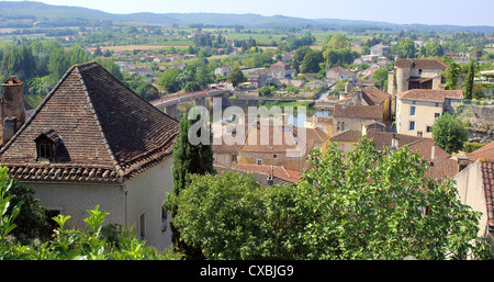 Village Puy i'Evegue and the river Lot in the quiet sunny morning Lot et Garonne France Stock Photo
