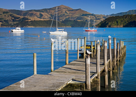 Daly's Wharf in French Bay, Akaroa, Banks Peninsula, Canterbury District, South Island, New Zealand, Pacific Stock Photo