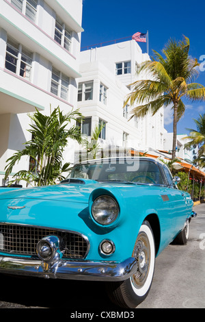 Avalon Hotel and classic car on South Beach, City of  Miami Beach, Florida, United States of America, North America Stock Photo