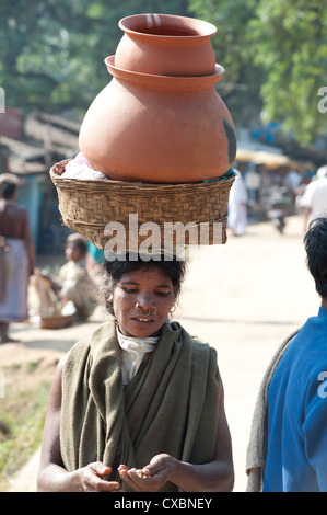 Dunguria Kondh woman with tribal noserings carrying terracotta pots in a basket on her head, Bissam Cuttack, Orissa, India, Asia Stock Photo