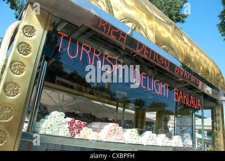 ISTANBUL, TURKEY. A street stall in Sultanahmet district selling Turkish delight (lokum) and baklava. 2012. Stock Photo