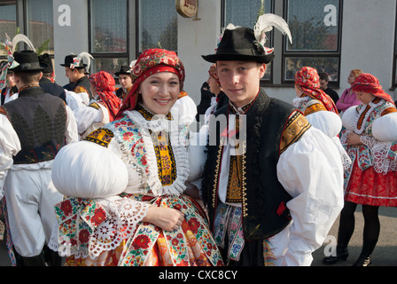 Woman and man wearing folk dress during autumn Feast with Law Festival, Borsice, Brnensko, Czech Republic, Europe Stock Photo