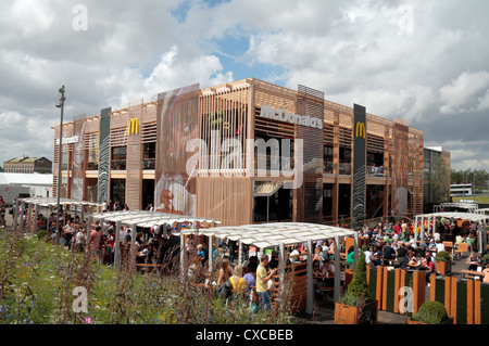 The temporary and massive McDonalds restaurant with external tables on the London 2012 Olympic Park site, Stratford, London, UK. Stock Photo