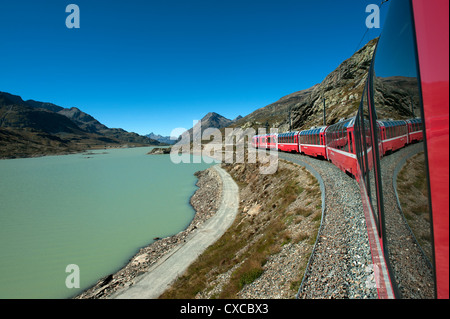 Switzerland. The Bernina Express, the journey from Chur in Switzerland to Tirano in Italy. 9-2012 Lago Bianco. Stock Photo