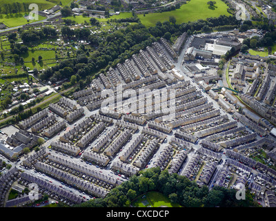 An aerial view of rows of terraced houses and streets in the North of ...