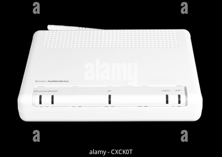 Image of a turned off white internet router on black background. No internet connection concept. Stock Photo