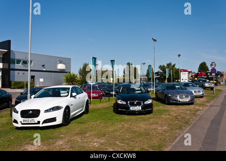 New and used Jaguar cars parked on the grass verge of a dealership in the south of England. Stock Photo