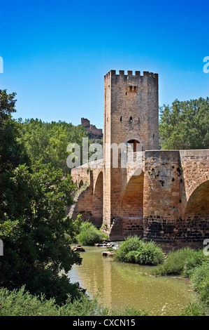 Medieval bridge over the river Ebro and fourteenth century tower Frias Burgos Castile Leon Spain Stock Photo