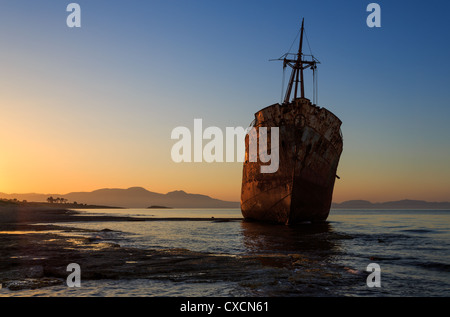 Shipwreck on Glyfada beach, close to Gytheio town, Mani, Lakonia, Greece Stock Photo