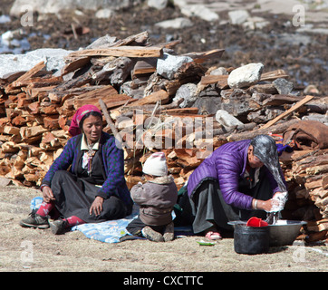 Two Nepali women and a child sitting in front of chopped up wood, one woman is washing her hair, Langtang, Nepal Stock Photo