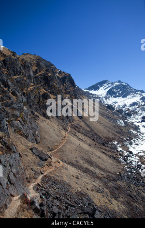 Person walking on the trail to Gosaikunda, a popular destination for trekkers, Nepal Stock Photo