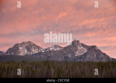 Sunset clouds over McGowen Peak on the right and Mt. Regan on the left, in the Sawtooth Range, Sawtooth National Recreation Area Stock Photo