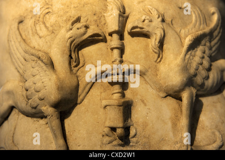 Trajan (53-177 A.D.). Roman Emperor (80 to 117 A.D). Sculpture. Detail body armour depicting two winged griffins face to face. Stock Photo