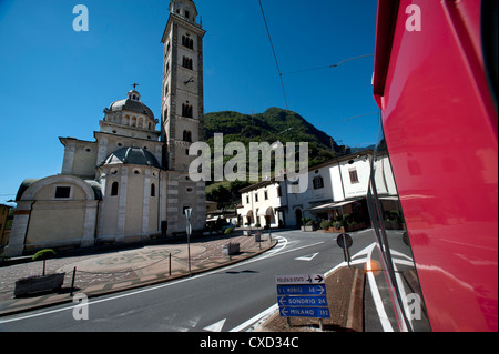 Switzerland. The Bernina Express, the journey from Chur in Switzerland to Tirano in Italy. Passing through Tirano on road.9-2012 Stock Photo