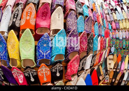 Soft leather Moroccan slippers in the Souk, Medina, Marrakesh, Morocco, North Africa, Africa Stock Photo