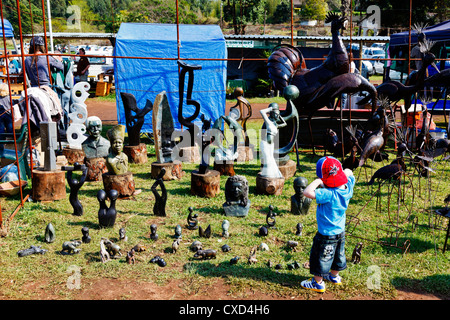 A young boy looks at a display of soapstone carvings and metal sculptures. Stock Photo