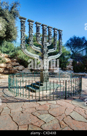 The Menorah sculpture by Benno Elkan at the entrance to the Knesset, the Israeli Parliament, Jerusalem, Israel, Middle East Stock Photo
