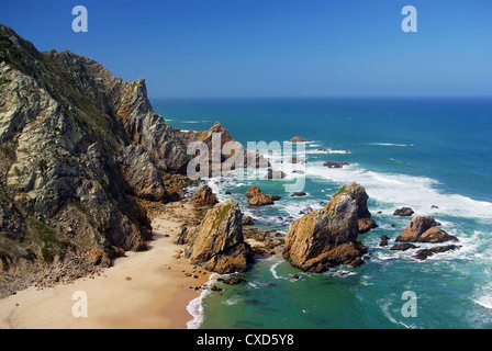 Bird's eye view of the spectacular cliffs of Roca Cape and Ursa beach in Portugal Stock Photo