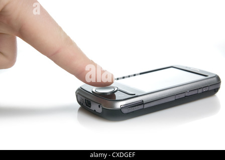 finger and pda with touch screen isolated on white Stock Photo