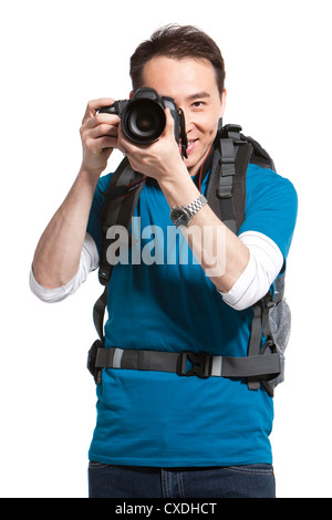 Portrait of a young man holding a camera Stock Photo