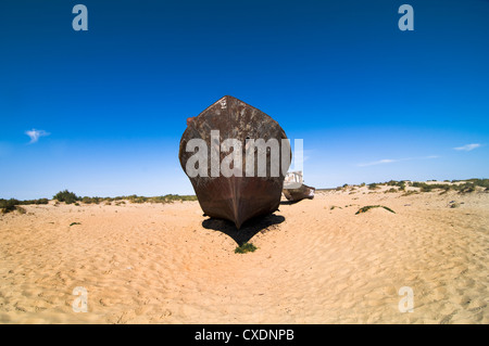 Rusty boats lay still on the dry desert sea bed of the dried Aral sea. Stock Photo