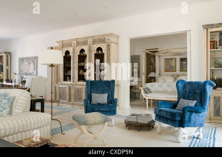 colonial living room with blue chairs in Mallorca Stock Photo