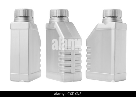 Three Plastic Containers on White Background Stock Photo