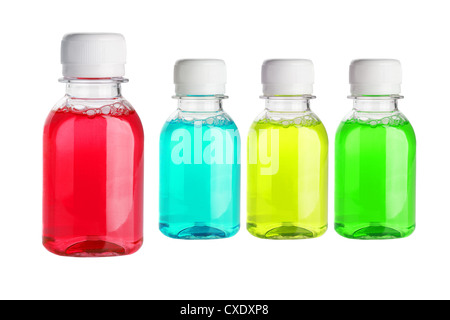 Multicolor Mouth Wash in Plastic Bottles on White Background Stock Photo