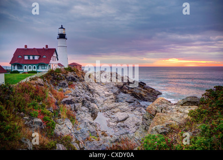 Portland Head Lighthouse at sunrise, Portland, Maine, New England, United States of America, North America Stock Photo