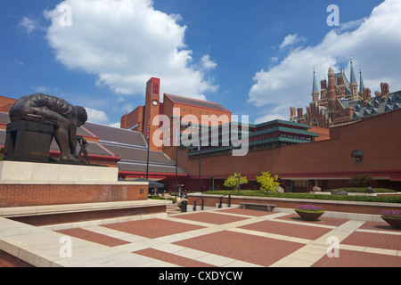 British Library Courtyard with statue of Isaac Newton, with St. Pancras Railway Station behind, Euston Road, London, England Stock Photo