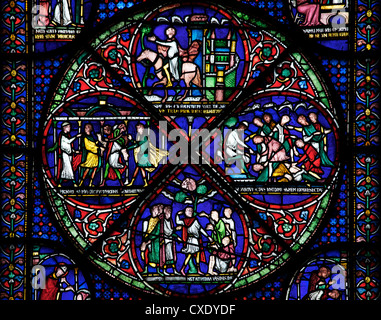 Medieval stained glass depicting the Cure of Eilward of Westoning, Trinity Chapel Ambulatory, Canterbury Cathedral, Kent Stock Photo