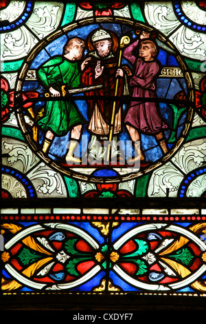 Medieval stained glass depicting the Murder of St. Thomas a Becket, Canterbury Cathedral, Canterbury, Kent Stock Photo