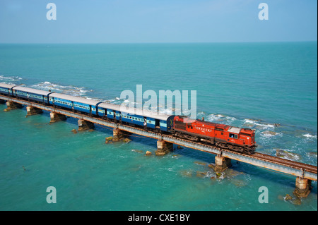 Train bridge to Rameswaram Island, Rameswaram, Tamil Nadu, India, Asia Stock Photo