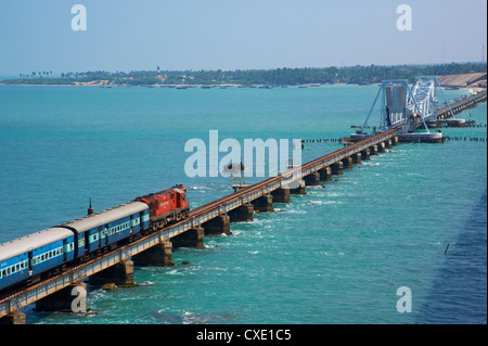 Train bridge to Rameswaram Island, Rameswaram, Tamil Nadu, India, Asia Stock Photo