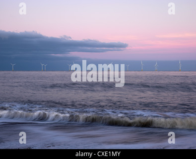 Twilight hues in the sky, view towards Scroby Sands Windfarm, Great Yarmouth, Norfolk, England Stock Photo