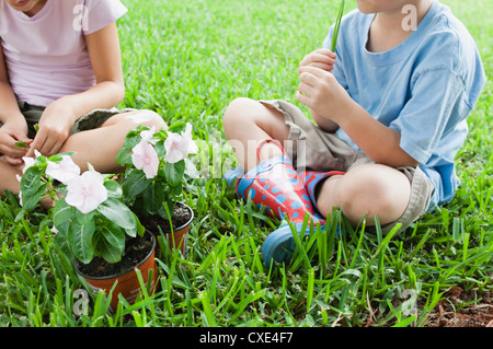 Children sitting on grass with potted flowers, cropped Stock Photo