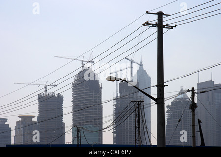 Shanghai Pudong skyline, before an overhead line Stock Photo