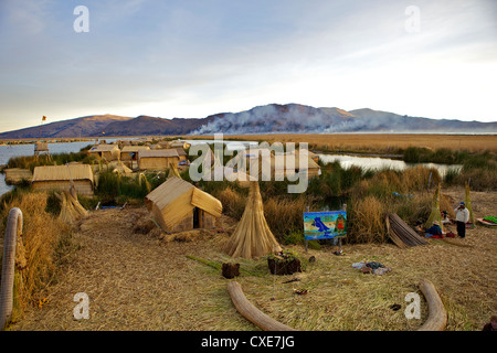 Floating islands of the Uros people, traditional reed boats and reed houses, Lake Titicaca, peru, peruvian, South America
