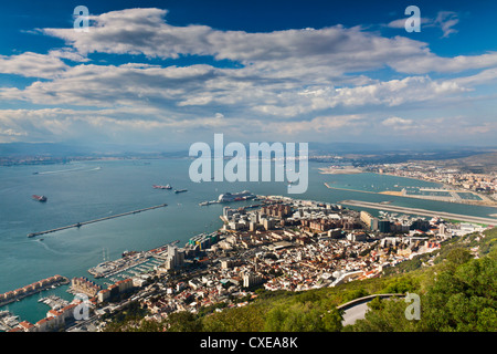 Bay of Gibraltar and Gibraltar Town from the top of the Rock, Gibraltar, Europe Stock Photo