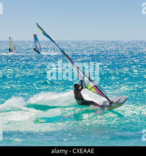 Windsurfer riding wave, Bonlonia, near Tarifa, Costa de la Luz, Andalucia, Spain, Europe Stock Photo