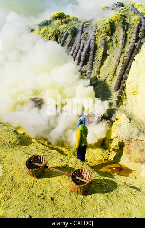 Sulphur worker mining sulphur at the bottom of the crater, Kawah Ijen, Java, Indonesia, Southeast Asia, Asia Stock Photo