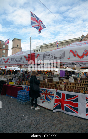 Best of British marketing British foods such as chutney and cheese at Gammeltorv on the pedestrian street Stroeget in Copenhagen Stock Photo